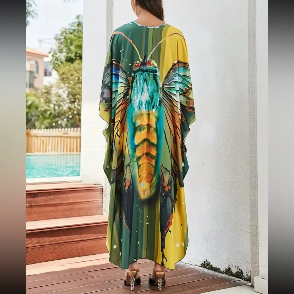 CELEBRATE YELLOW DRAGNFLY MIX BOHO S-4XL LOUNGE COVERUP ROBE RESORT DRES… - Picture 7 of 8